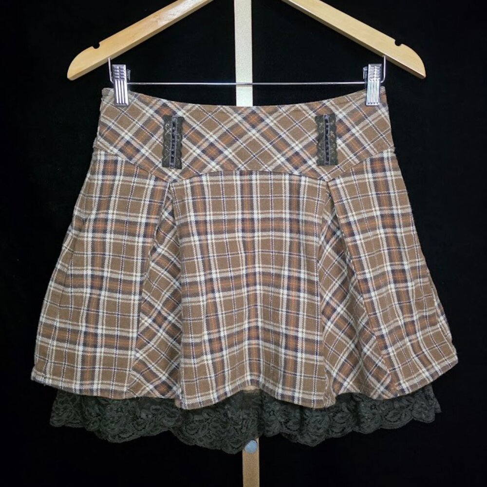 Goelia Plaid Pleated Lace Mini Skirt S